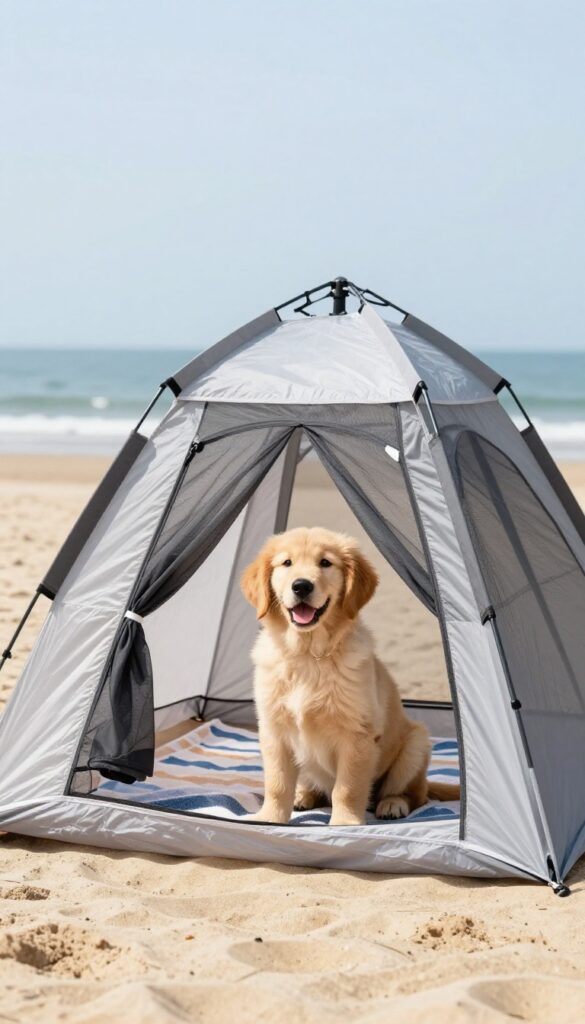 Portable pop-up tent for dogs set up outdoors with a dog inside