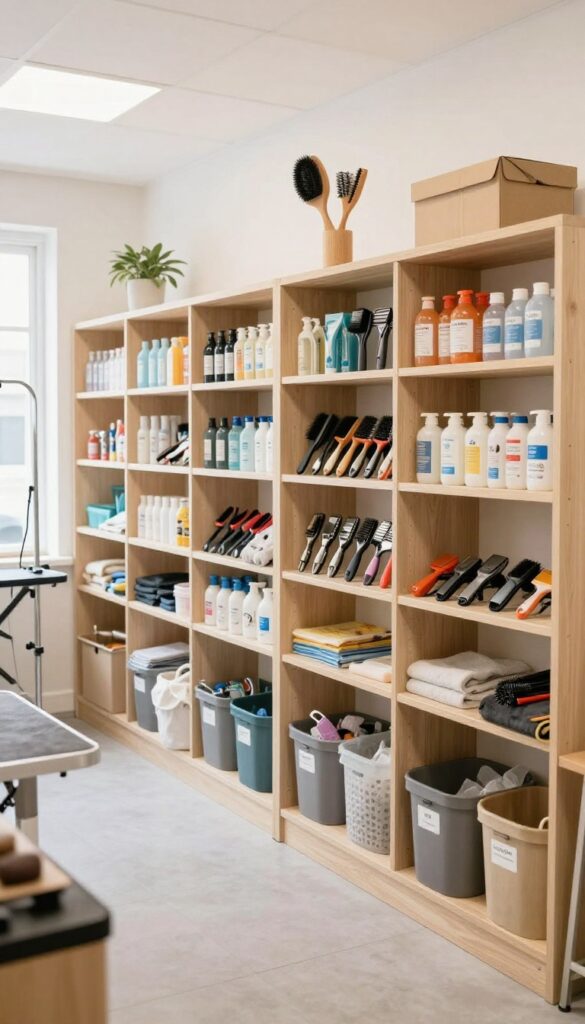 A tidy dog grooming shop with organized storage shelves and cabinets for grooming tools and supplies in bright natural light.