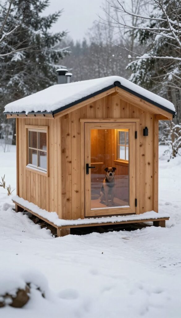 Luxury insulated dog cabin with cedar siding, double-pane windows, and heated flooring in a snowy backyard.