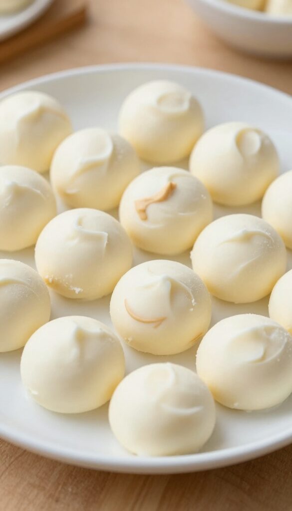 Close-up of frozen peanut butter yogurt drops for dogs, arranged on a white plate, showcasing a homemade dog treat idea in natural light.