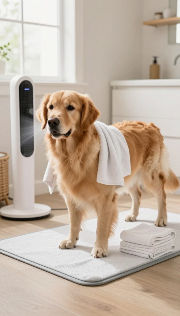 A realistic photo of a dog drying station in a home setting, featuring a dog with towels and a gentle fan to illustrate an efficient grooming idea.