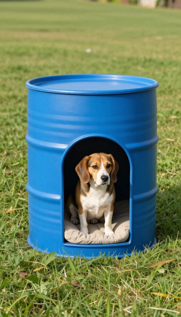 A blue plastic barrel dog house in a sunny backyard with a Beagle peeking out, showcasing a DIY recycled project.