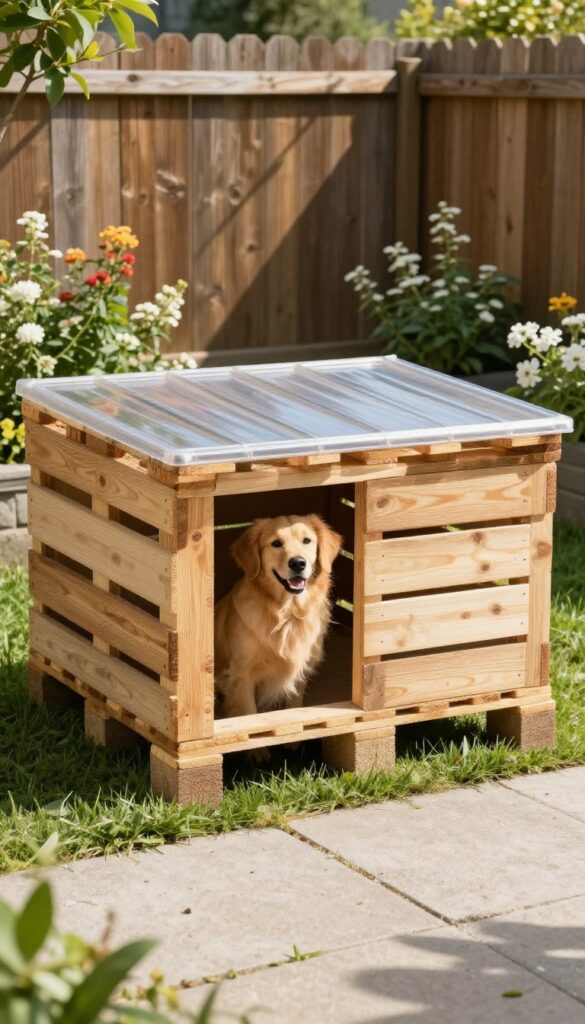 Upcycled pallet dog house with clear roof panel in sunny backyard