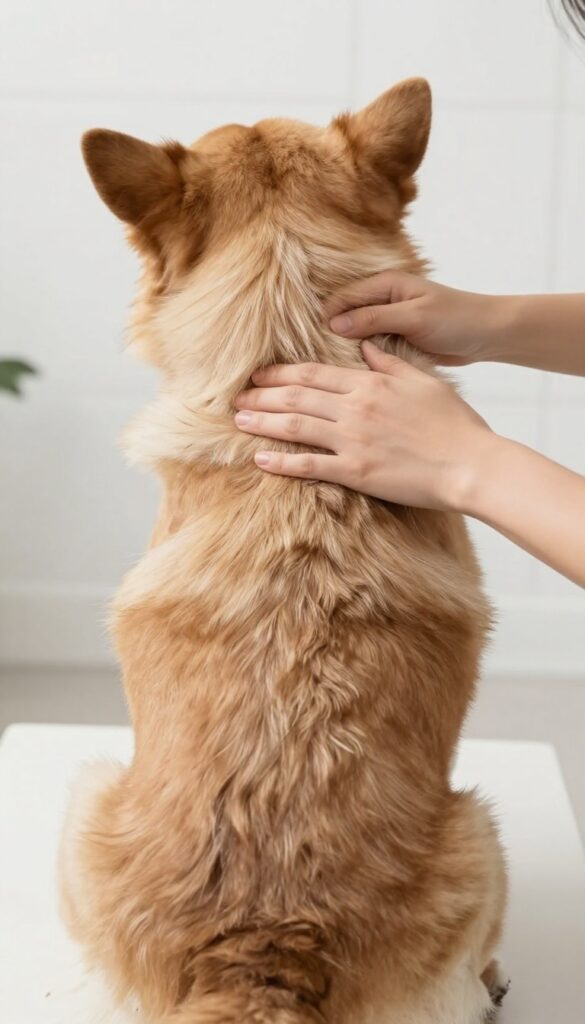 A person inspecting a dog's skin for fleas and ticks during grooming in a bright, natural setting.