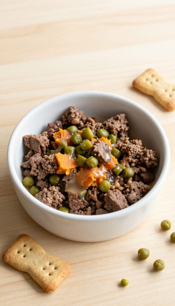 Bowl of beef and sweet potato dog food with green beans and bone broth on a wooden table