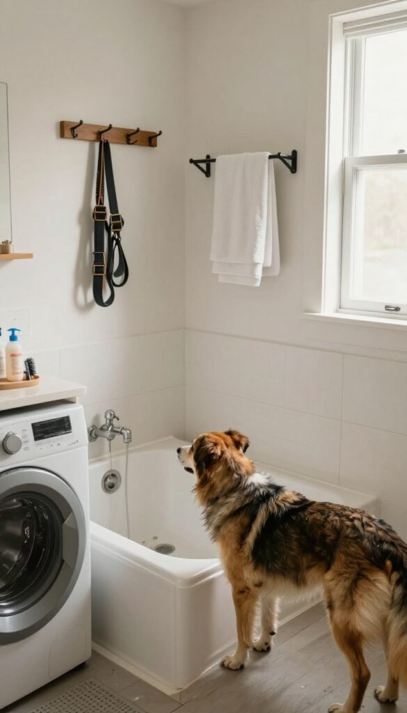 A laundry room setup with a grooming tub near a sink for dog bath time, featuring non-slip mats, wall hooks with leashes, and organized supplies in bright natural light.