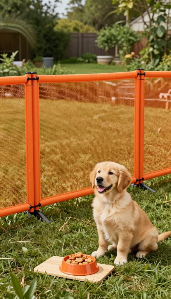Temporary snow fence dog barrier in backyard with puppy and homemade dog treats