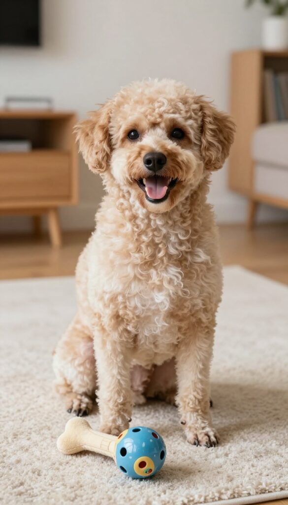 A groomed poodle with a happy expression in a bright living room, holding a toy after grooming to end the session with fun.