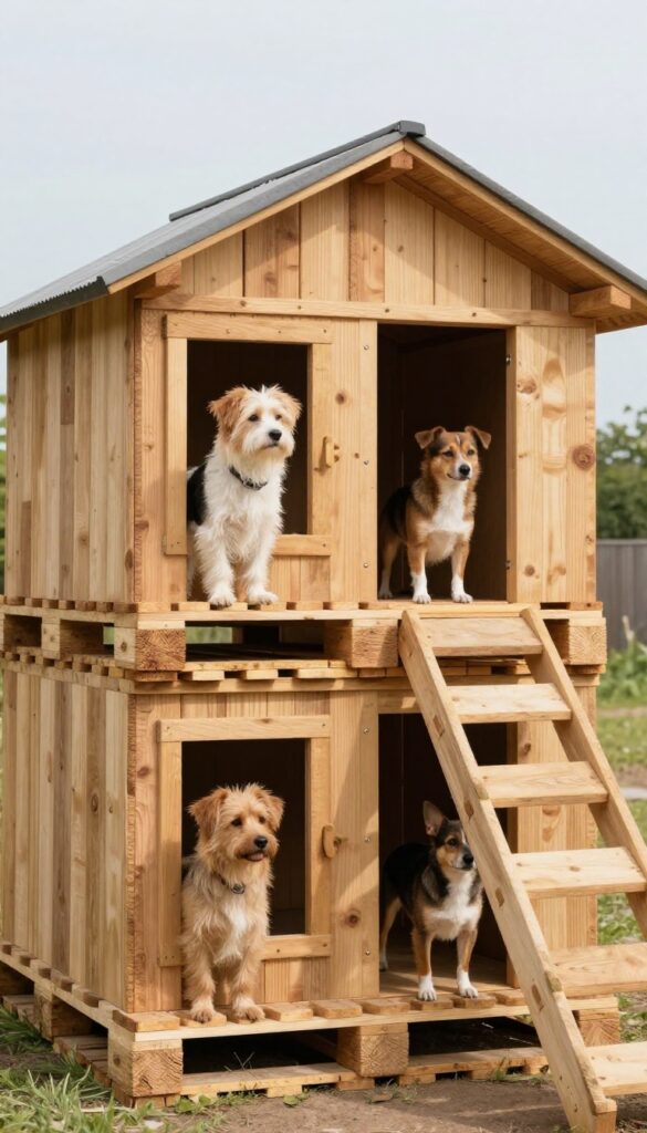 Two-story pallet dog house with ramp for multiple dogs in a sunny backyard