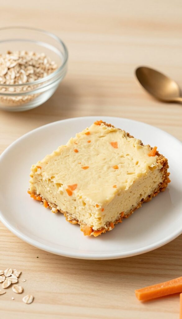 A slice of homemade cottage cheese carrot cake for dogs, with grated carrots visible, on a white plate with simple kitchen props, in natural light.