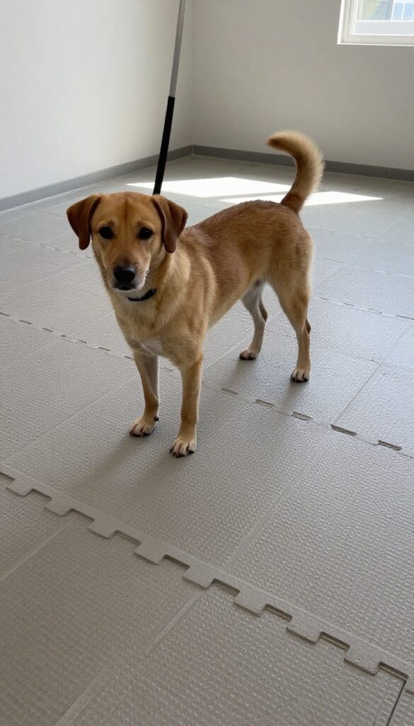 A dog standing on non-slip interlocking tiles during grooming to prevent slips on smooth floors, showcasing practical mobile grooming setup with natural light.