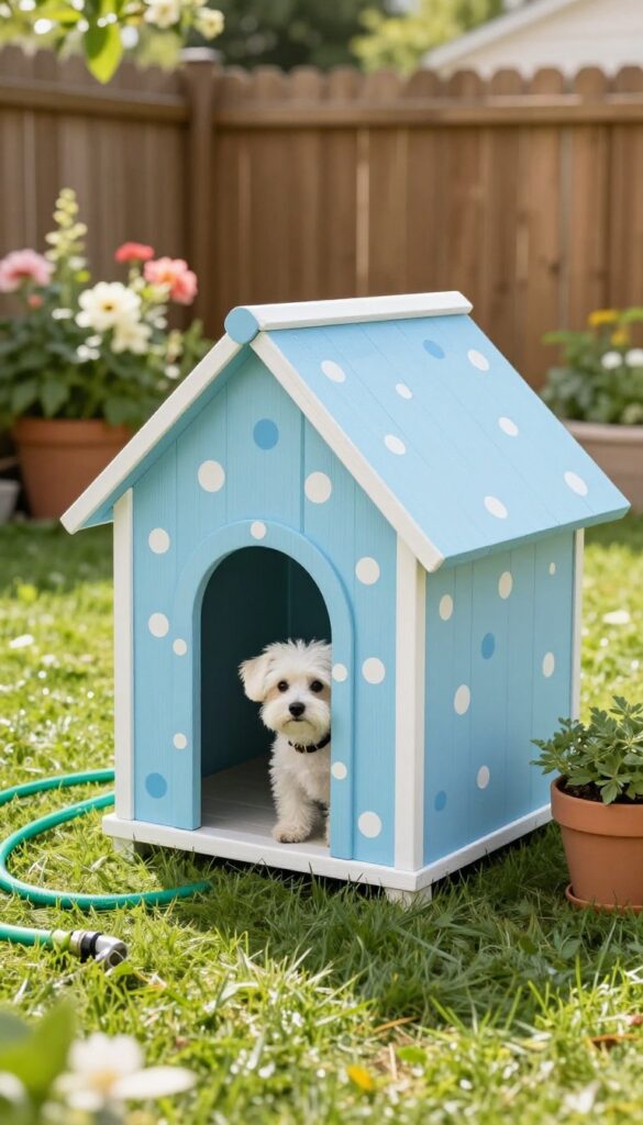 Painted dog house with polka dots in a sunny backyard, a small white dog peeking out, garden setting