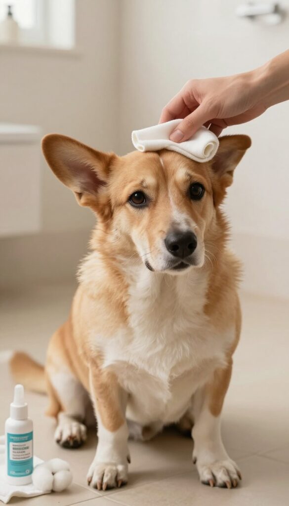 A Basset Hound having its ears gently cleaned with a damp cloth in a bright bathroom setting, showcasing ear care as part of regular grooming.