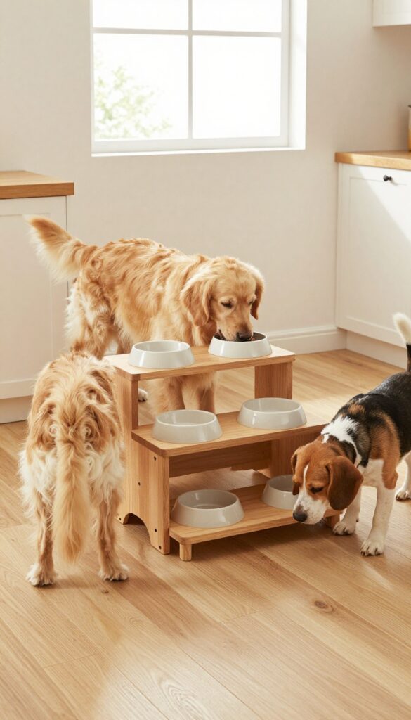Multi-dog feeding station with raised bowls and two dogs eating calmly.