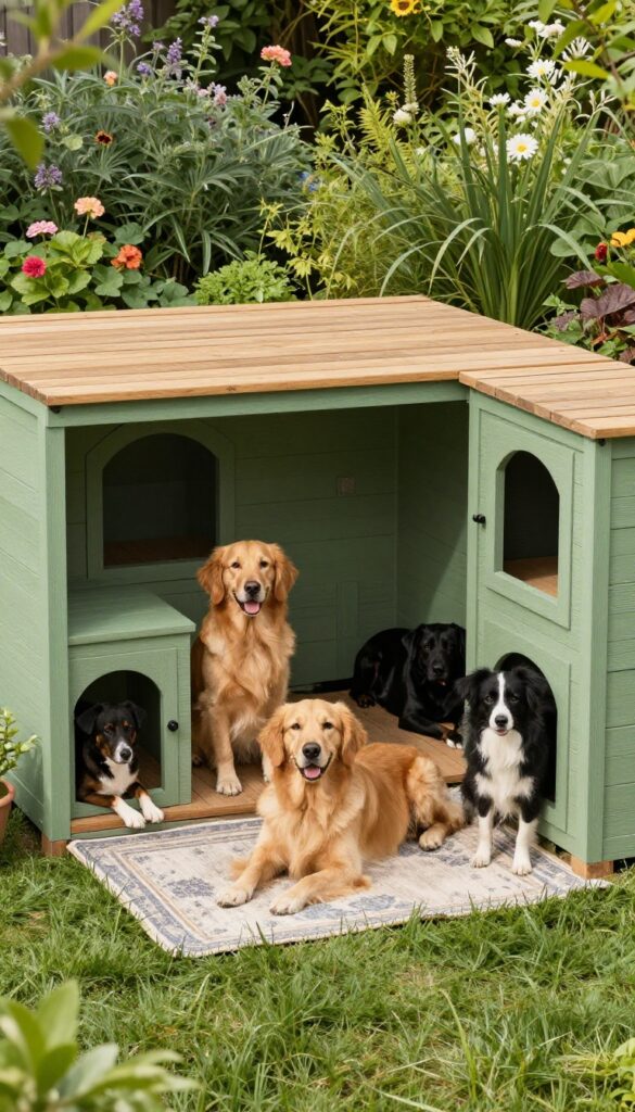 L-shaped dog house for three dogs with shared covered patio in sunny backyard