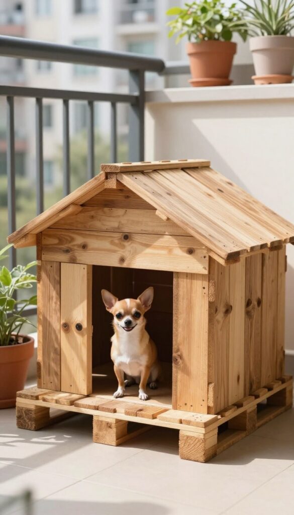 Mini pallet dog house for small breeds on a balcony with a Chihuahua