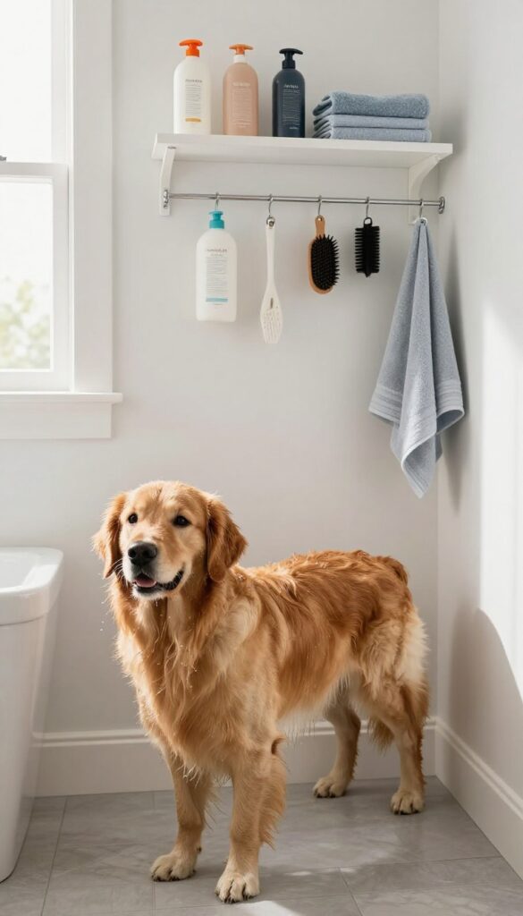 A tidy laundry room dog shower area with wall-mounted storage for grooming supplies, including shampoo bottles and towels, next to a wet golden retriever in bright natural light.