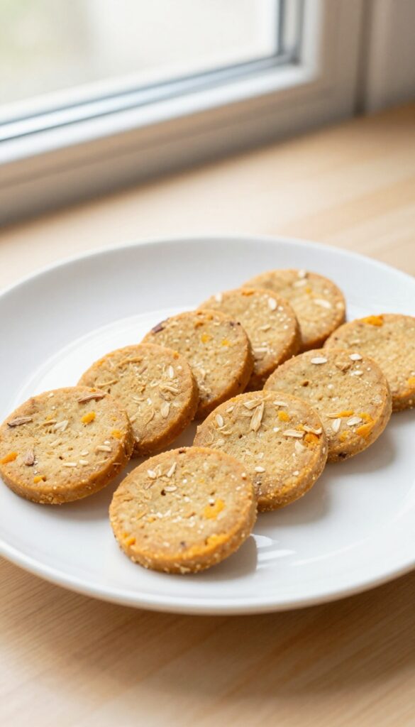 Homemade chicken sweet potato coin dog treats on a plain plate, showcasing a simple, dog-safe recipe with natural ingredients.