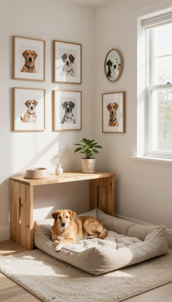 A themed dog room with a cozy bed, rug, and framed dog wall art in a bright, modern farmhouse style.