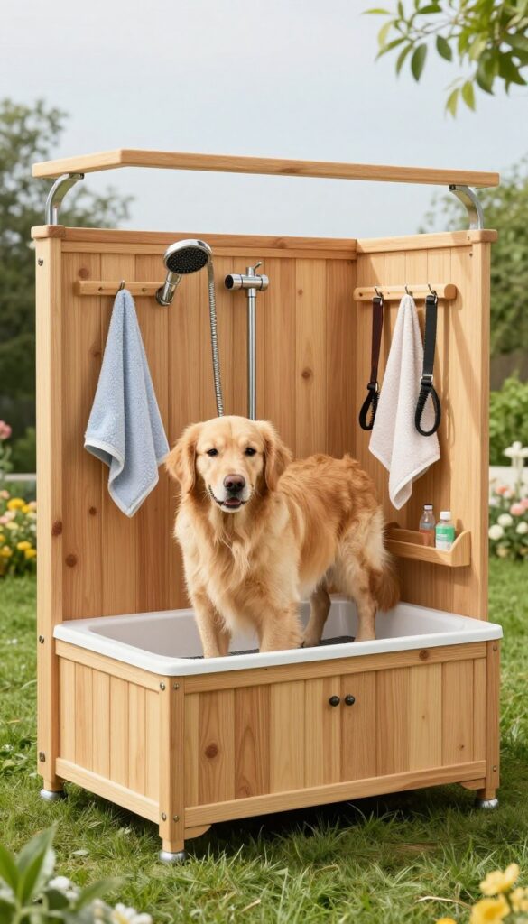 Luxury dog house with built-in grooming station featuring raised wash basin, sprayer, towel hooks, and storage cubbies in a sunny backyard.