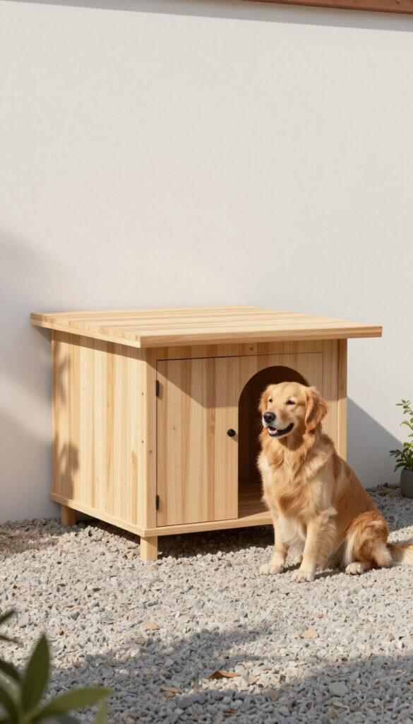 Modern minimalist dog house with flat roof and cedar wood in sunny backyard with dog beside it
