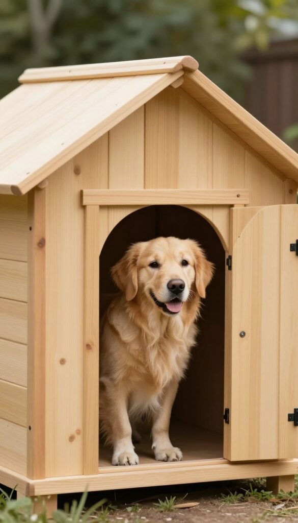 Insulated dog house with Golden Retriever peeking out
