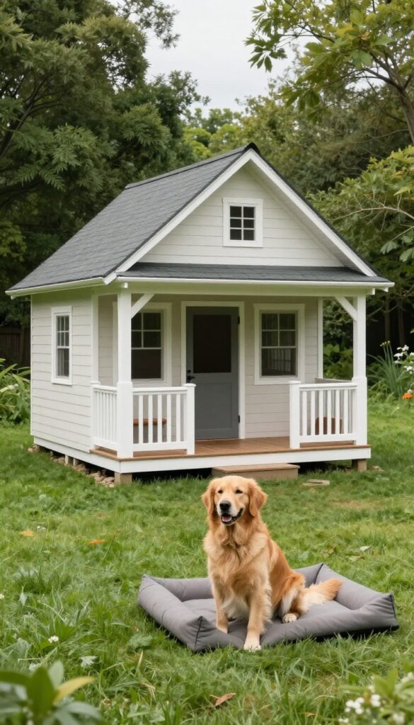 A-frame dog house with porch in backyard