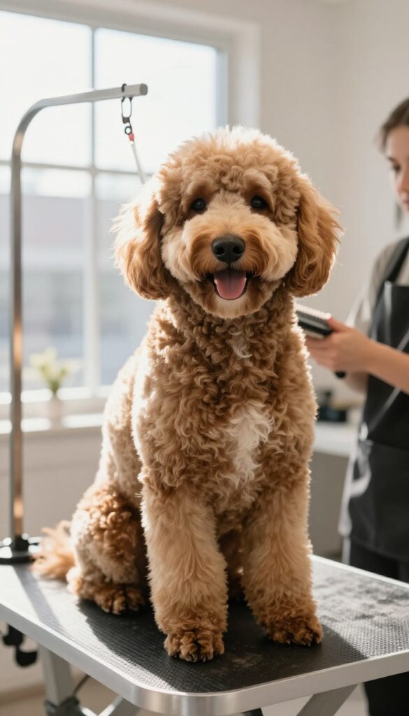 A well-groomed Doodle dog being brushed by a professional groomer in a bright salon setting.