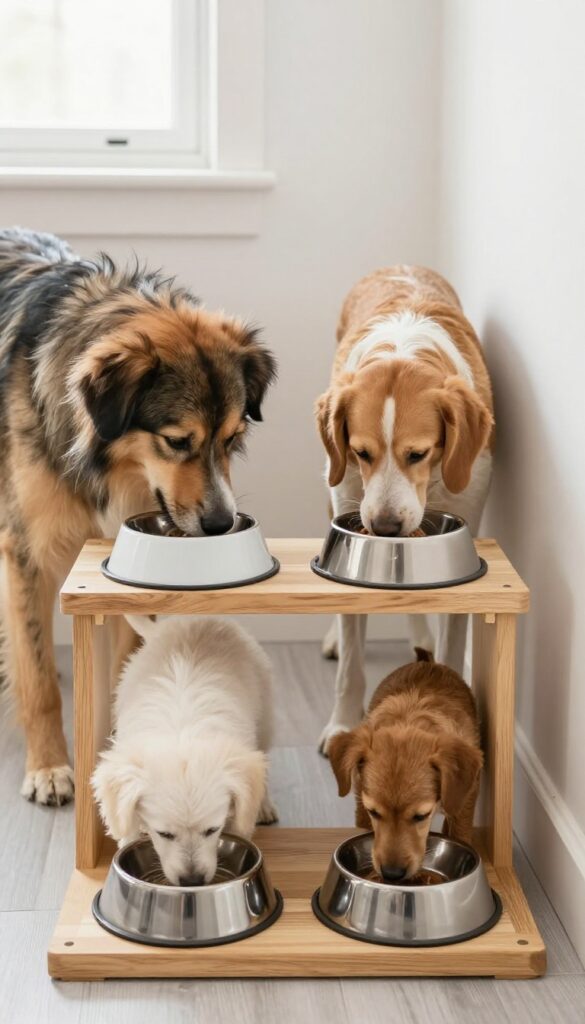 A tiered wooden stand with multiple dog bowls for feeding two dogs calmly in a bright, natural-lit room.