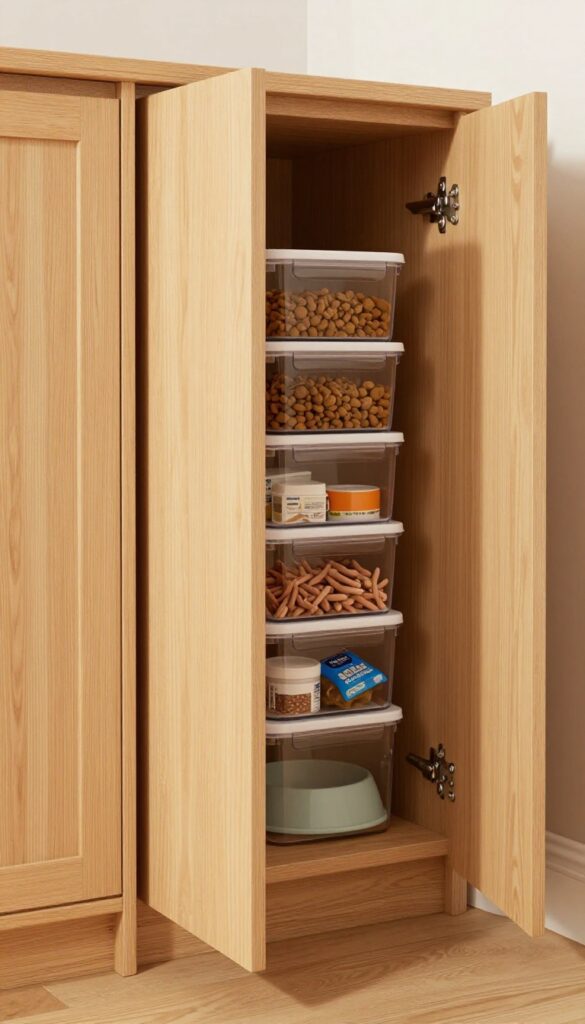 A built-in cabinet under stairs storing dog food and supplies in airtight containers, showcasing organized home storage for pet owners.