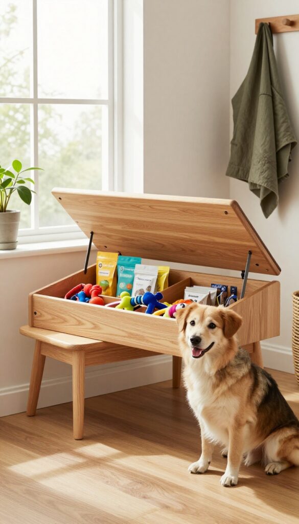 A dog sitting next to a storage bench filled with organized leashes and toys in a bright entryway.