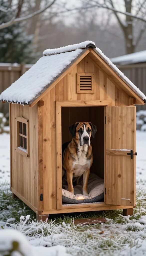 Heated dog house for giant breeds in snowy backyard