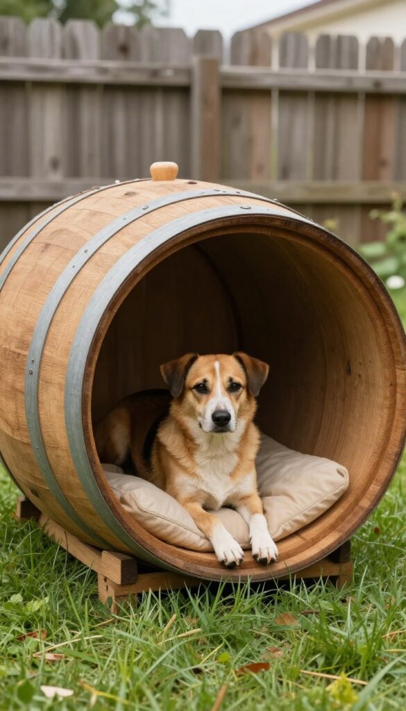 Upcycled barrel dog house in rustic farmhouse yard