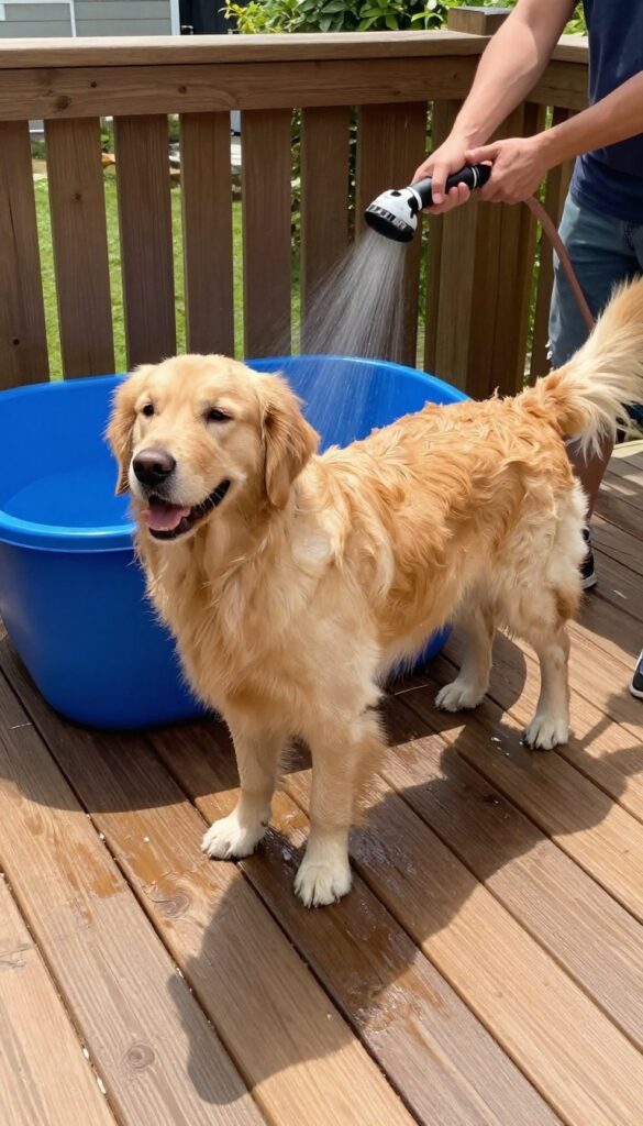 Outdoor dog washing station on a deck with a golden retriever in a portable tub being rinsed with a garden hose