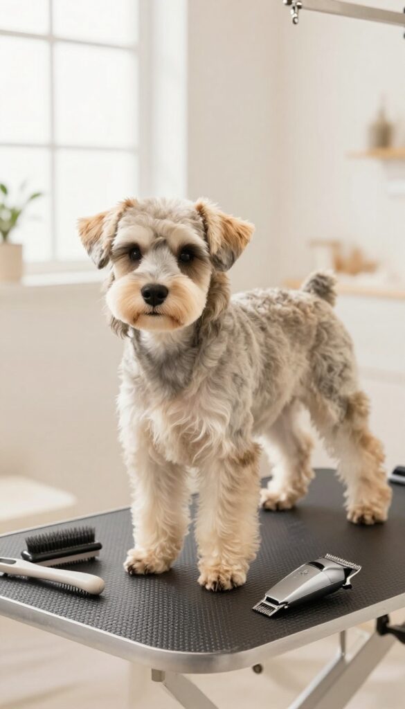 A Schnauzer with a puppy cut in a bright grooming setting, showcasing an easy-care haircut for active owners.