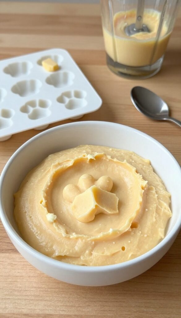 A homemade frozen sweet potato puppy pop mixture in a bowl with silicone molds and frozen treats on a table, showcasing dog-friendly snack preparation for teething relief.