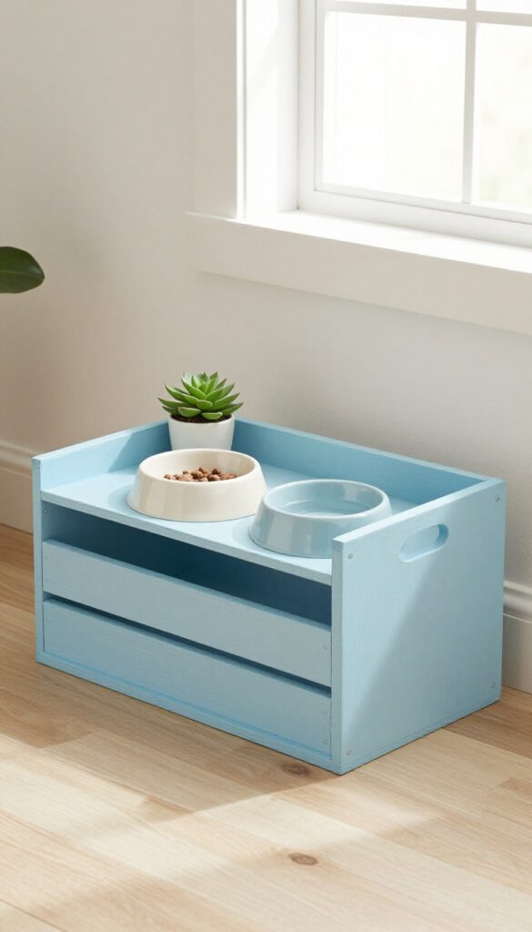 DIY dog feeding station from upcycled wooden crate in bright living room