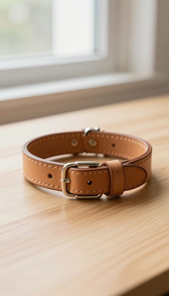 A close-up photograph of a premium leather dog collar with metal hardware on a plain wooden surface, showcasing durability and style in natural light for a pet lifestyle blog.