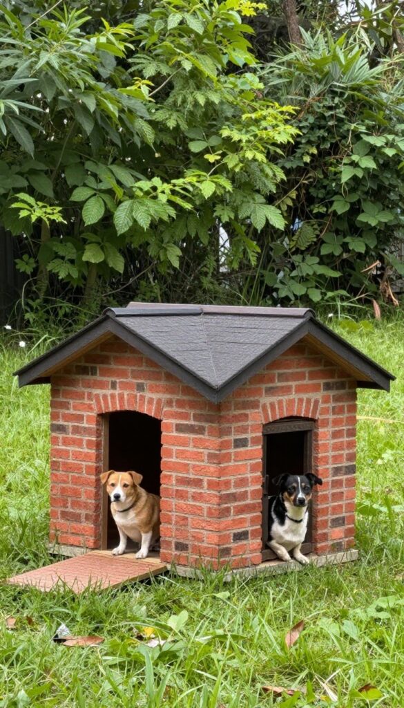 Two-story brick dog house for multiple dogs in a sunny backyard