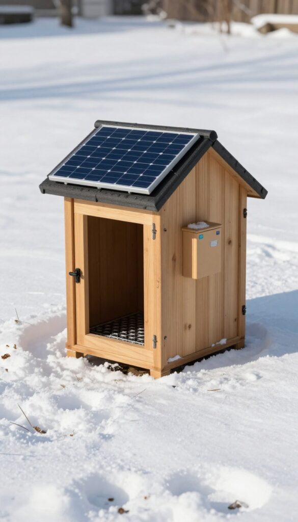 Solar-powered heated dog house with solar panel on roof in snowy backyard