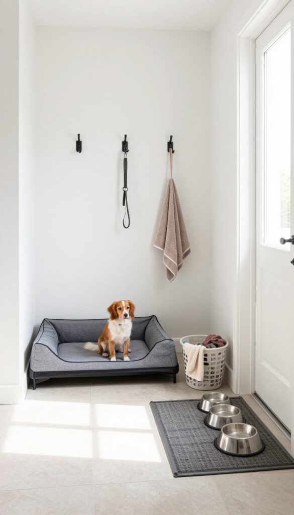 Multi-purpose mudroom dog station with raised bed, hooks, bowls, and laundry basket in bright natural light