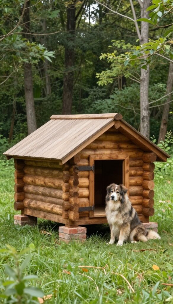 Log cabin dog house in a backyard with a dog sitting beside it