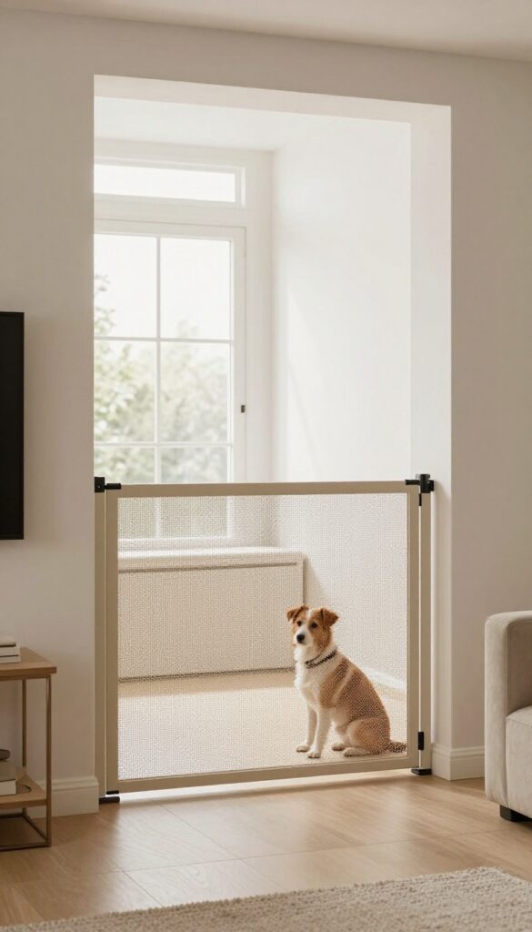 A stylish retractable mesh stair gate in a bright living room with a dog sitting behind it, blending with the decor.