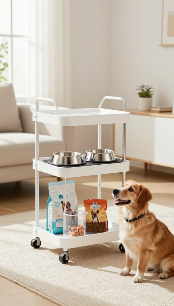Rolling cart dog feeding station with storage bins and bowls in a bright living room