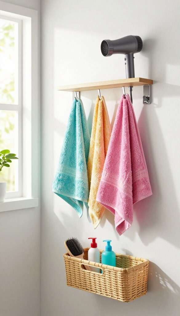 A wall-mounted drying station for dog grooming in a small space, featuring towel hooks, a shelf with a blow dryer and basket of grooming supplies, in bright natural light.