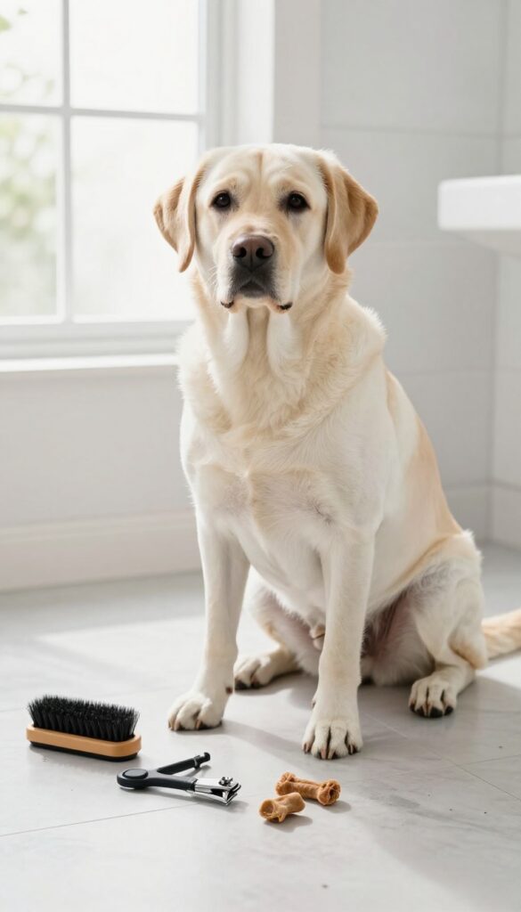A Labrador retriever in a bright bathroom with a small grooming kit nearby, illustrating simple DIY grooming tips for busy dog owners to maintain their pet's hygiene without salon visits.