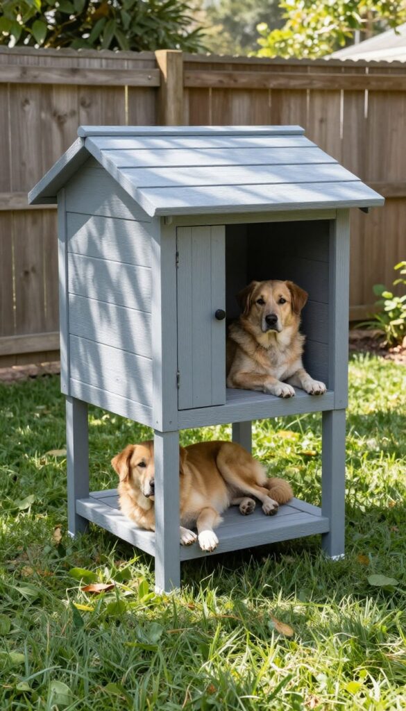 Elevated wooden dog house on stilts in a sunny backyard, with a dog resting in the shade underneath