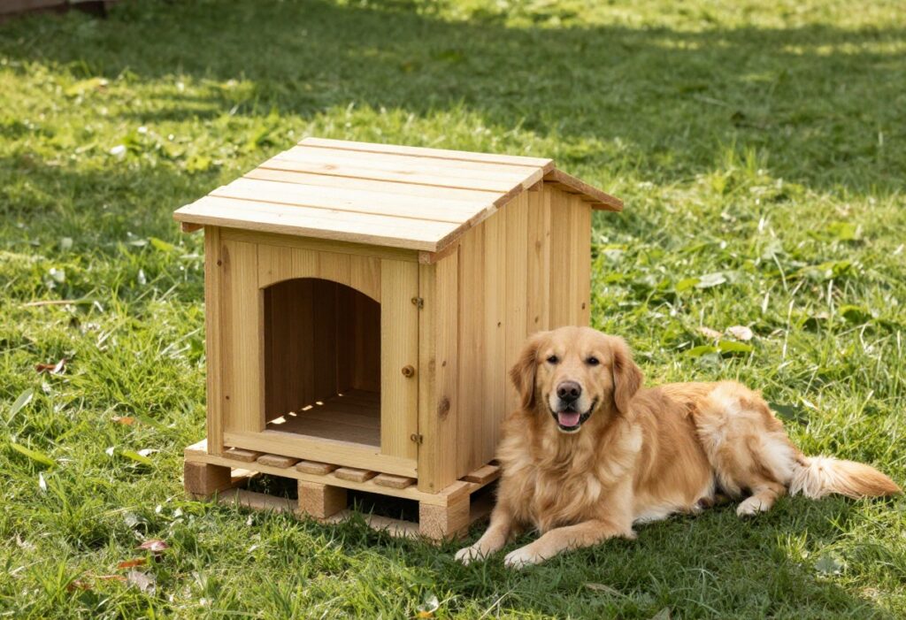 A golden retriever sitting next to a rustic pallet dog house in a sunny yard