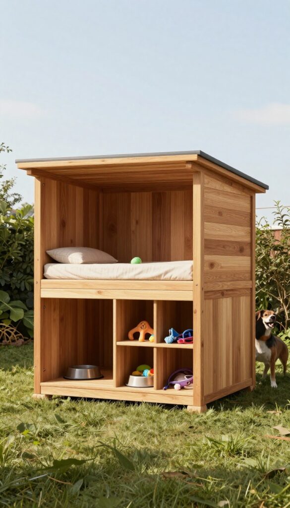 Split-level mid-century modern dog house with raised sleeping platform and storage cubbies below