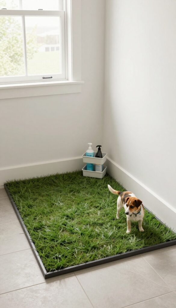 Indoor potty area for dogs in a mudroom with grass patch tray and cleaning caddy